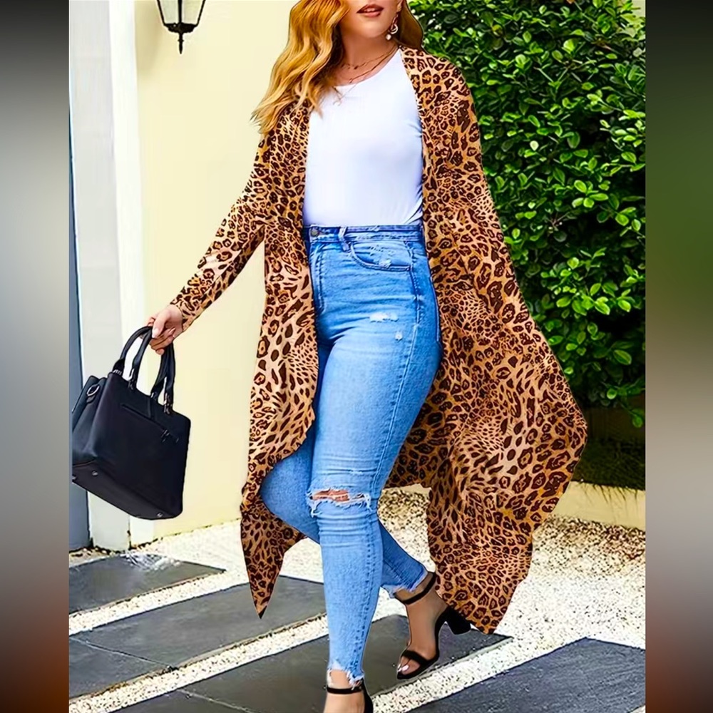 Leopard Print Long Sleeve Asymmetrical Hem Open Front cardigan kimono Cover Up
